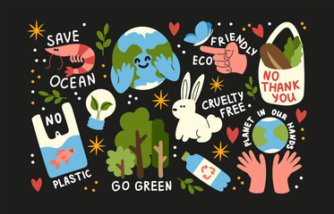  Retro Groovy Cartoon Eco Stickers Set. Featuring Ecology, Organic Products, Vegan, Bio, and Environmental Protection Themes. Vector Elements.