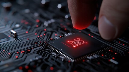 Poster - A hand is touching a black computer chip with red lights