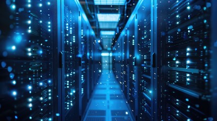 Poster - A stunning view of a futuristic data center, illuminated by blue lights. The image captures the essence of advanced technology and modern design in a server environment.