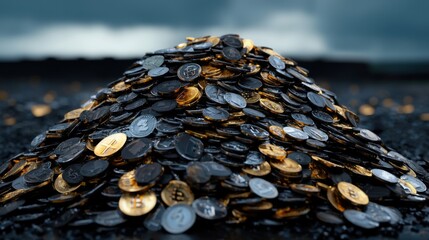 Poster - A pile of coins with the word Bitcoin on them