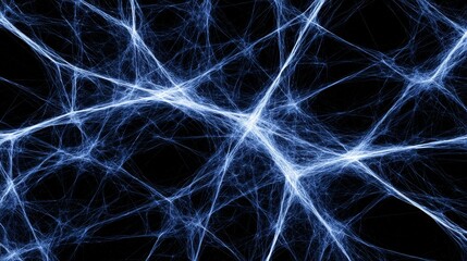 Poster - abstract blue network structure - intricate blue lines forming a complex network against a black bac