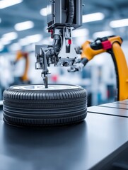 Poster - automated tire production: robotic precision - close-up view of a robotic arm assembling a tire, sho