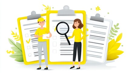 Poster - Business Report Analysis: Examining Key Performance Indicators - Teamwork, analysis, checklist, magnifying glass, business review. Illustrates efficient data review for improved results