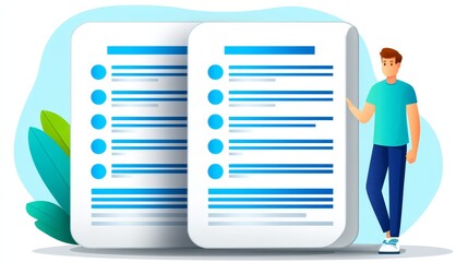 Poster - Business Report Analysis and Planning Illustration - A man reviewing two detailed reports, symbolizing analysis, planning, progress, strategy, and success in business