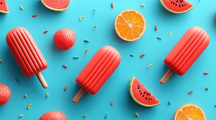 Poster - Festive summer background featuring popsicles, watermelon slices, and confetti in bold summer colors