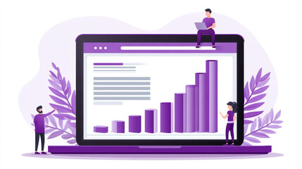Poster - data growth visualization on laptop - tiny figures analyze a bar graph showing upward growth on a la