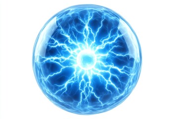 Poster - Energy Sphere Abstract - Glowing blue sphere with electrical energy radiating from its core, isolated on white background. Perfect for technology, science, and power concepts