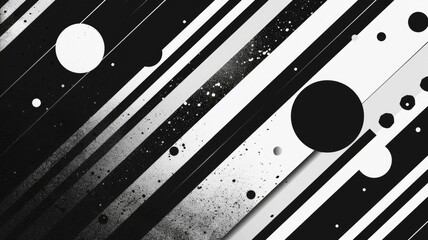 Fototapete - A striking abstract minimalist design featuring bold black and white elements. This background showcases dynamic lines, circles, and speckles, perfect for creative projects.