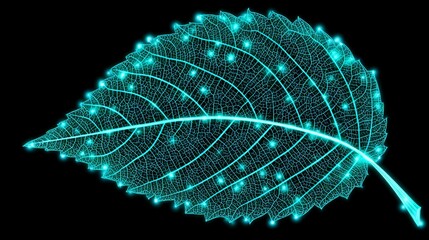 Poster - Glowing Leaf Network - Teal leaf vein network glowing in the dark, abstract nature design