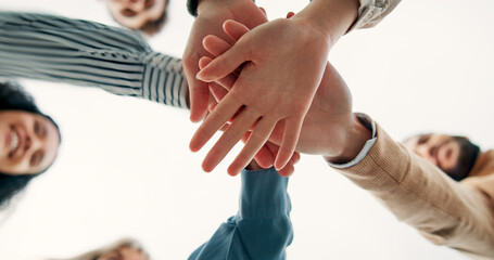 Aufkleber - Hands, stack and business people with teamwork below, support or collaboration for goal. Community, group and workers with motivation for synergy, trust or closeup for solidarity in meeting.