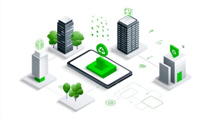 Poster - green city smart technology illustration - eco-friendly urban planning, sustainable buildings, smart