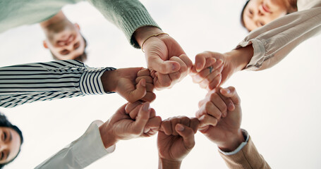 Aufkleber - Fist bump, hands and business people with teamwork, support or collaboration below. Community, group and workers with motivation for cooperation, synergy or closeup for solidarity on white background