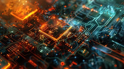 Fototapete - A stunning abstract wallpaper featuring a vibrant circuit design. The colorful and glowing elements capture the essence of modern technology and innovation.