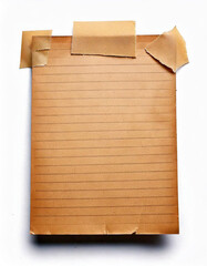 Poster - Old lined paper sheet fixed with adhesive tape, isolated on white background. Aged paper texture.