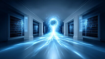 Poster - Library of Knowledge Energy Flow - Glowing blue energy flows from a central orb down a library hallway, illuminating bookshelves. A mystical, futuristic scene
