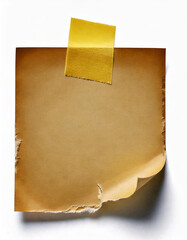 Poster - Aged paper sheet with torn edges, taped with yellow adhesive tape on white background.