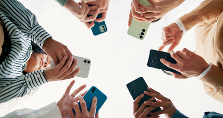 Aufkleber - Community, phone and below with hands of business people for connection, teamwork and share post link. Networking, low angle and coworking with group of employees for communication and synergy