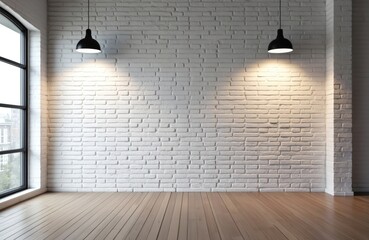 Poster - Empty white brick wall studio space. Wood floor, modern design, black lamps, urban style background with natural window light. Ideal for product display, interior design projects, creative works,