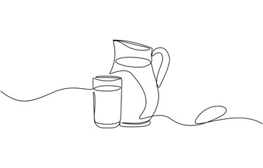 Aufkleber - Jug and glass one line drawing on white isolated background vector illustration, Continuous single line sketch drawing of hand pouring a jug tea pot jar of fresh milk juice into glass.