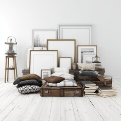 Poster - Cozy and Inviting Interior Scene with Stylish Pillows, Blankets, and Empty Frames on a Light Wooden Floor in a Minimalist Setting