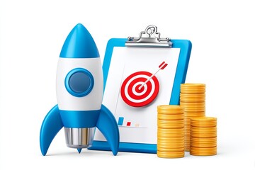 Poster - Rocket Launch Business Success - A blue rocket, target, and stacks of coins illustrate business growth and achieving goals. Perfect for startup, financial, or investment concepts