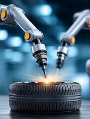 Poster - robotic tire manufacturing close-up - advanced technology, precision engineering, automated producti