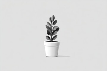 Poster - Simple Plant in White Pot - A grayscale of a small plant in a simple white pot, set against a light gray background. Minimalist and clean aesthetic