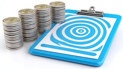 Poster - Sketch 3D Blue Clipboard with Rocket Target and Coins - Financial growth, strategic planning, target achievement, progress