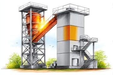 Poster - sketch of industrial structure with glowing windows - industrial complex sketch, conveying concepts 
