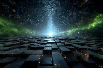 Wall Mural - Abstract Futuristic Grid Background with Light Beam and Nebula
