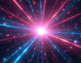 Poster - Illustration energy burst in deep space. Bright light, colorful rays radiating outwards, abstract design. Science concept, astrophysics. Space exploration, cosmos theme for tech, sci-fi projects.