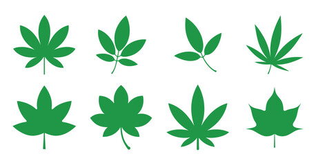 Poster - Collection of Eight Green Leaf Silhouettes Isolated on White Background