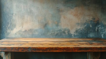 Poster - A rustic wooden table rests against a textured dark wall, showcasing its natural beauty and craftsmanship. Ideal for interior design and art projects.