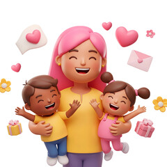 Poster - 3d rendering mother hugging her children cartoon characters surrounded by flowers and hearts isolated on transparent background, PNG file add