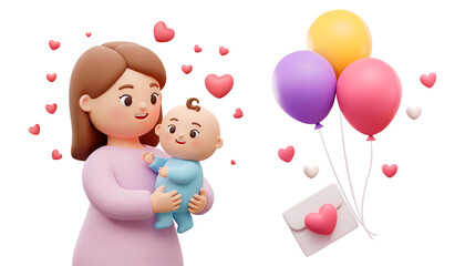 Poster - 3d rendering smiling mother cartoon character holding her baby in her arms and colorful balloons with envelope and pink hearts isolated on transparent background, PNG file add