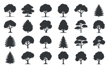 Poster - Collection of Twenty Four Different Tree Silhouettes Black and White Vector Illustrations