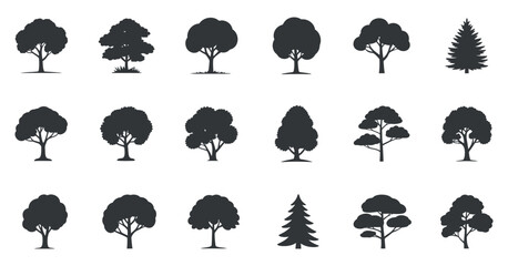 Poster - Collection of Eighteen Simple Black Tree Silhouettes for Design Projects
