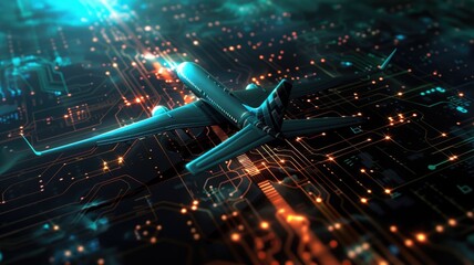 Fototapete - A futuristic airplane flies over a vibrant digital circuit background, symbolizing the intersection of technology and transportation in a modern visual style.