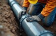 © Pete - Construction worker installs large plastic water pipe in trench at construction site. Man wears safety helmet, gloves. Plumbing, infrastructure, water supply, sewage system concept.