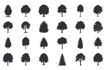 Poster - Collection of Twenty Four Different Tree Silhouettes Black and White Vector Illustration
