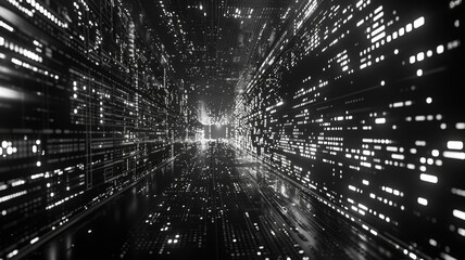 Fototapete - Abstract picture of white particle with digital technology style design with the coding data flow show dynamic movement represent about programming by programmer or problem solve by encryption. AIG53.