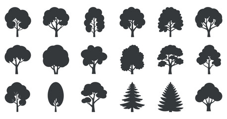 Poster - Collection of Sixteen Simple Black Tree Silhouettes for Design Projects