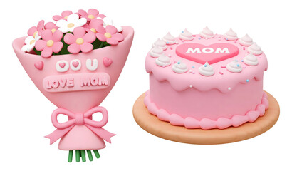 Poster - 3d bouquet of pink and white flowers with the words LOVE MOM and pink cake with the word MOM on a heart and white frosting isolated on transparent background, PNG file add