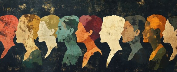 Poster - Vibrant abstract illustration featuring diverse human profiles in various colors. This artwork symbolizes identity and cultural diversity, enhancing visual appeal.