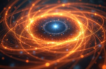 Poster - Abstract digital illustration of particle in quantum physics. Glowing energy with orbiting atomic structure of proton. Futuristic design for research, science, technology tech concepts.