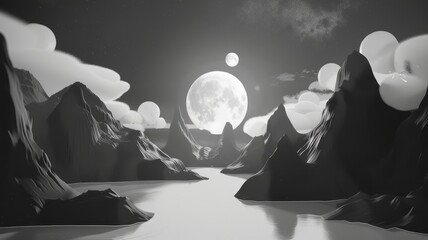 Poster - A captivating stylized black and white animation of a surreal landscape featuring mountains, a serene river, a large moon, and soft clouds, perfect for creative projects.