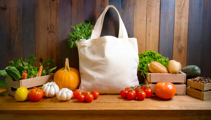 Poster - Fresh vegetables and fruits arranged artistically with a reusable bag on a wooden table in a rustic setting