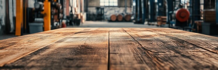 Poster - A close-up view of a rustic wooden table surface captured in an industrial warehouse. Soft light creates warm tones and beautiful shadows, enhancing the inviting atmosphere ideal for creative projects