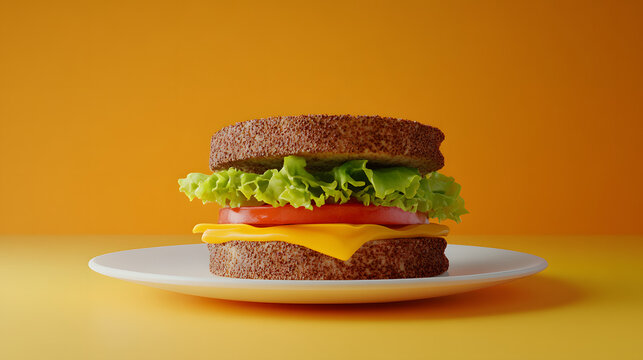Digitally rendered image of a cheese sandwich on a white plate, set against a vibrant orange backdrop.  The sandwich is meticulously detailed.