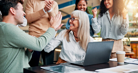 Aufkleber - High five, success and business woman with team for winning, bonus or creative proposal approval. Excited, people and laptop with applause, fist and celebration for collaboration funding at startup